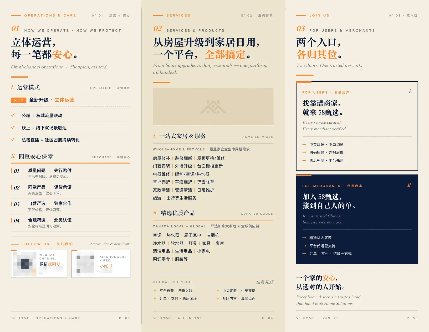 Tri-fold, inside: operations and guarantees, services and goods, and the two doors for users and merchants (photograph blocked out)