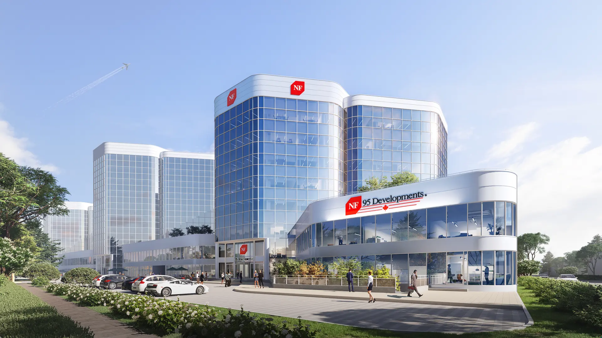 95 Corporate Centre: two glass towers and a curved podium carrying the 95 Developments sign (developer’s rendering)