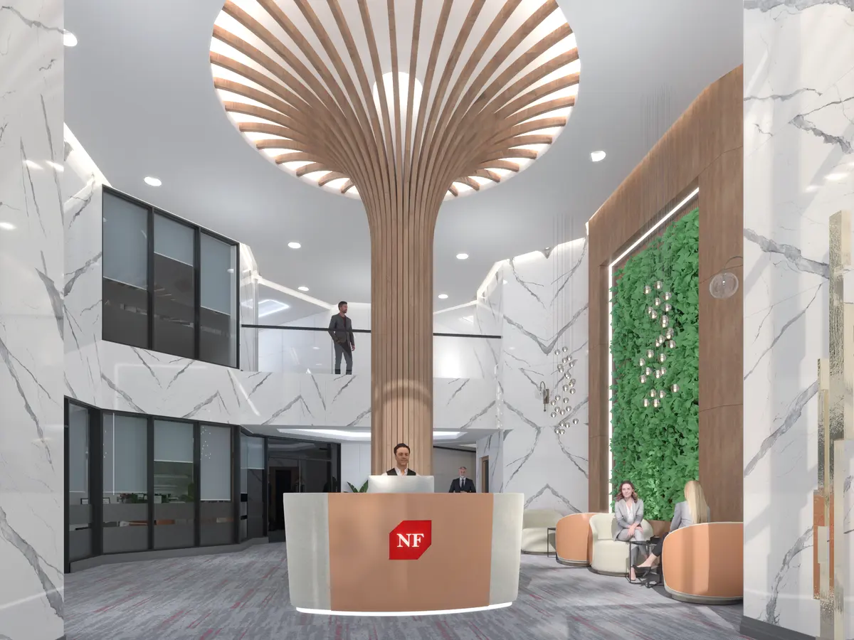 The lobby at 105 Gordon Baker: a timber canopy and the NF reception desk