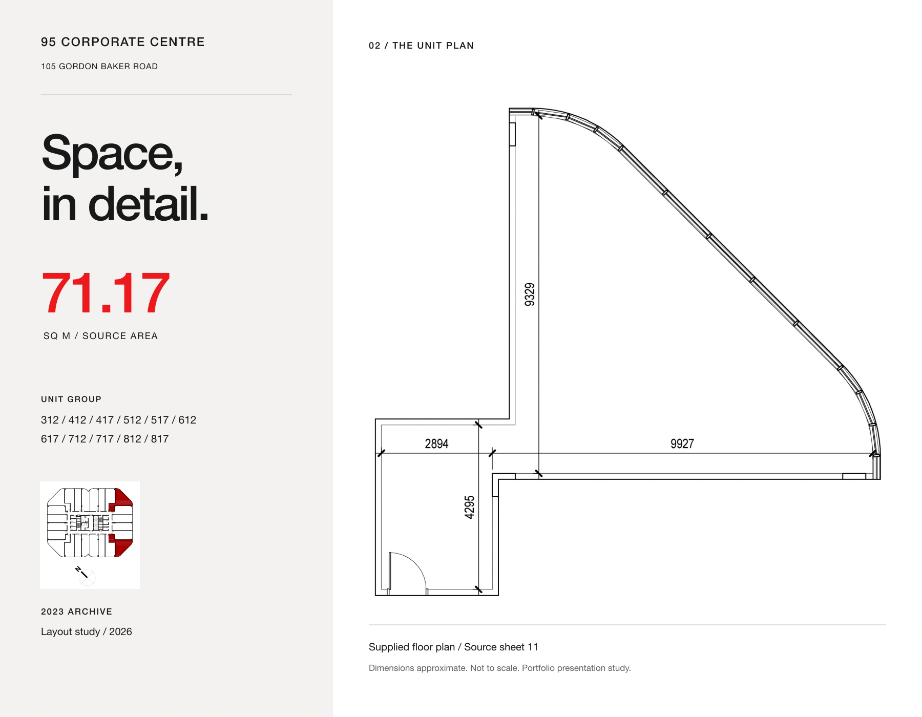 95 Corporate Centre unit-sheet study: 71.17 sq m and the unit numbers in a side column, the 2023 plan drawing on the right