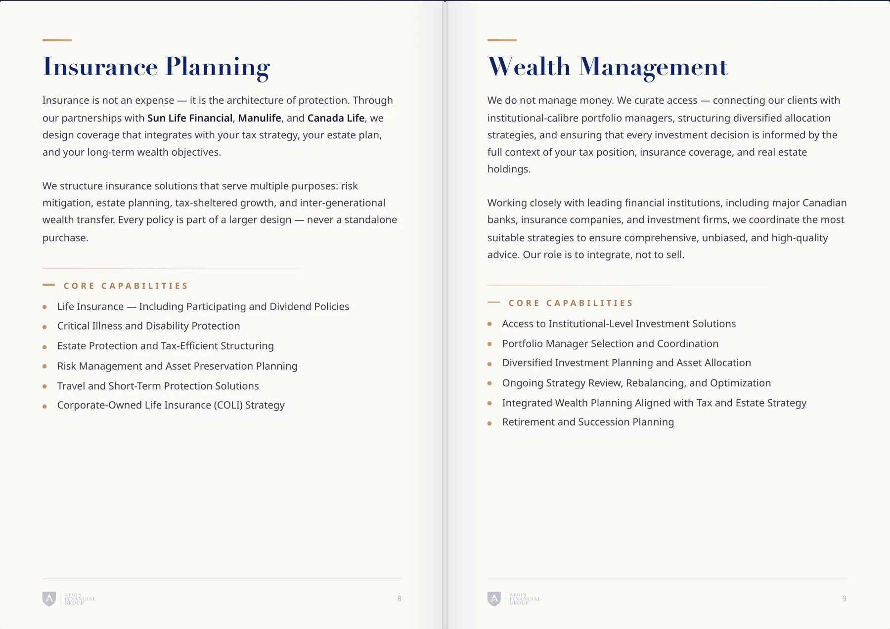 Company profile pages 8–9: Insurance Planning and Wealth Management