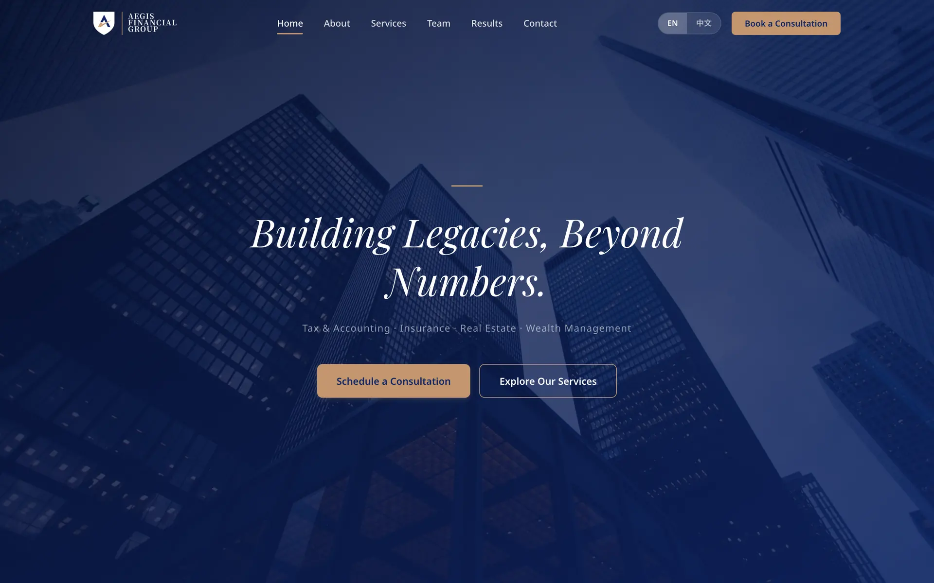 aegisfg.ca opening screen: the brand line over a navy-toned building photograph