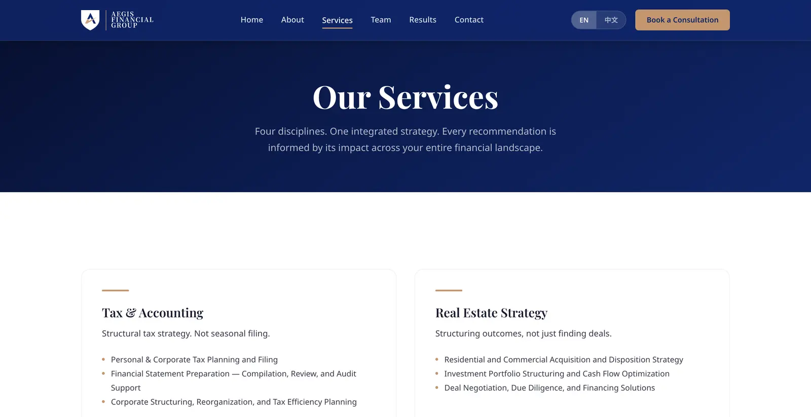 aegisfg.ca services page: the four disciplines as cards