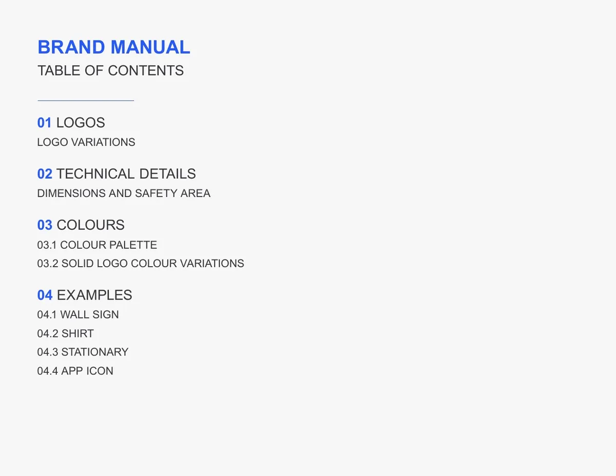 Brand guideline contents: logos, technical details, colours, examples