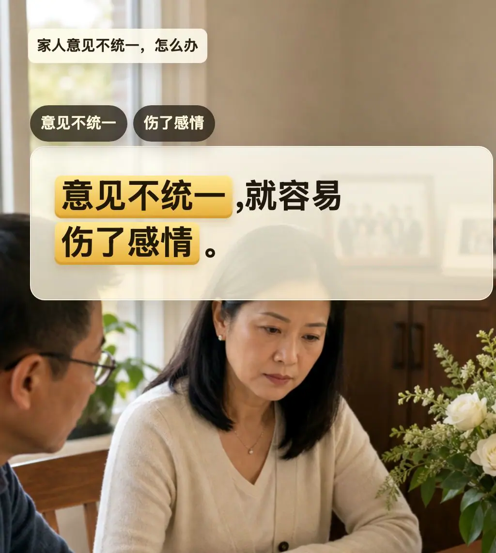 Episode 3: topic “When the family can’t agree”, caption card — “When the family disagrees, feelings get hurt” (AI-generated scene)
