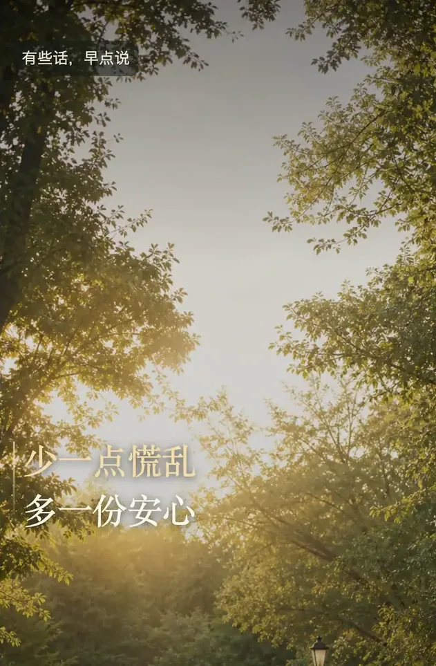 Pilot frame: a sunlit woodland path — “A little less panic, a little more peace” (AI-generated scene)