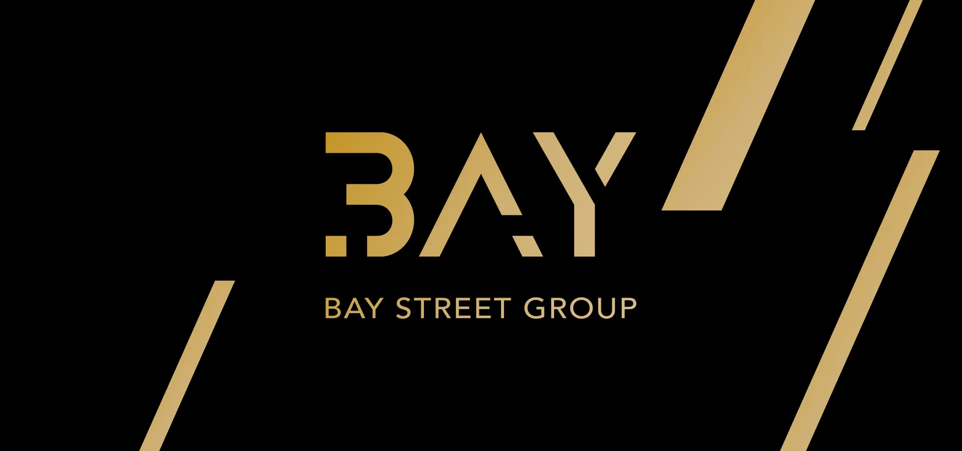 黑底上的金色 BAY STREET GROUP 标志，几道金色斜带从边缘切入