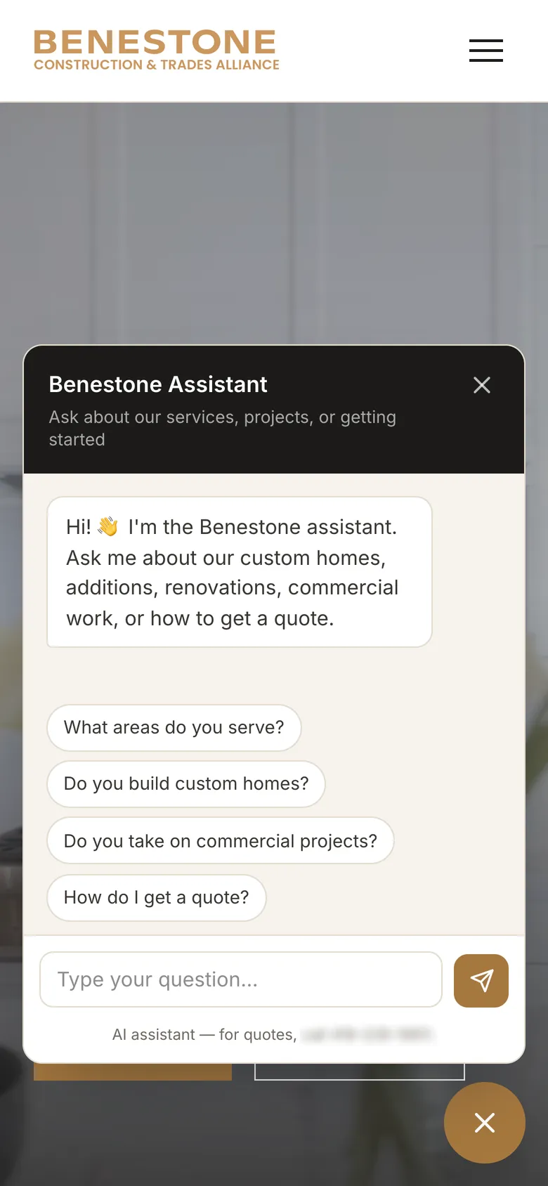 The site assistant open in English, with four suggested questions