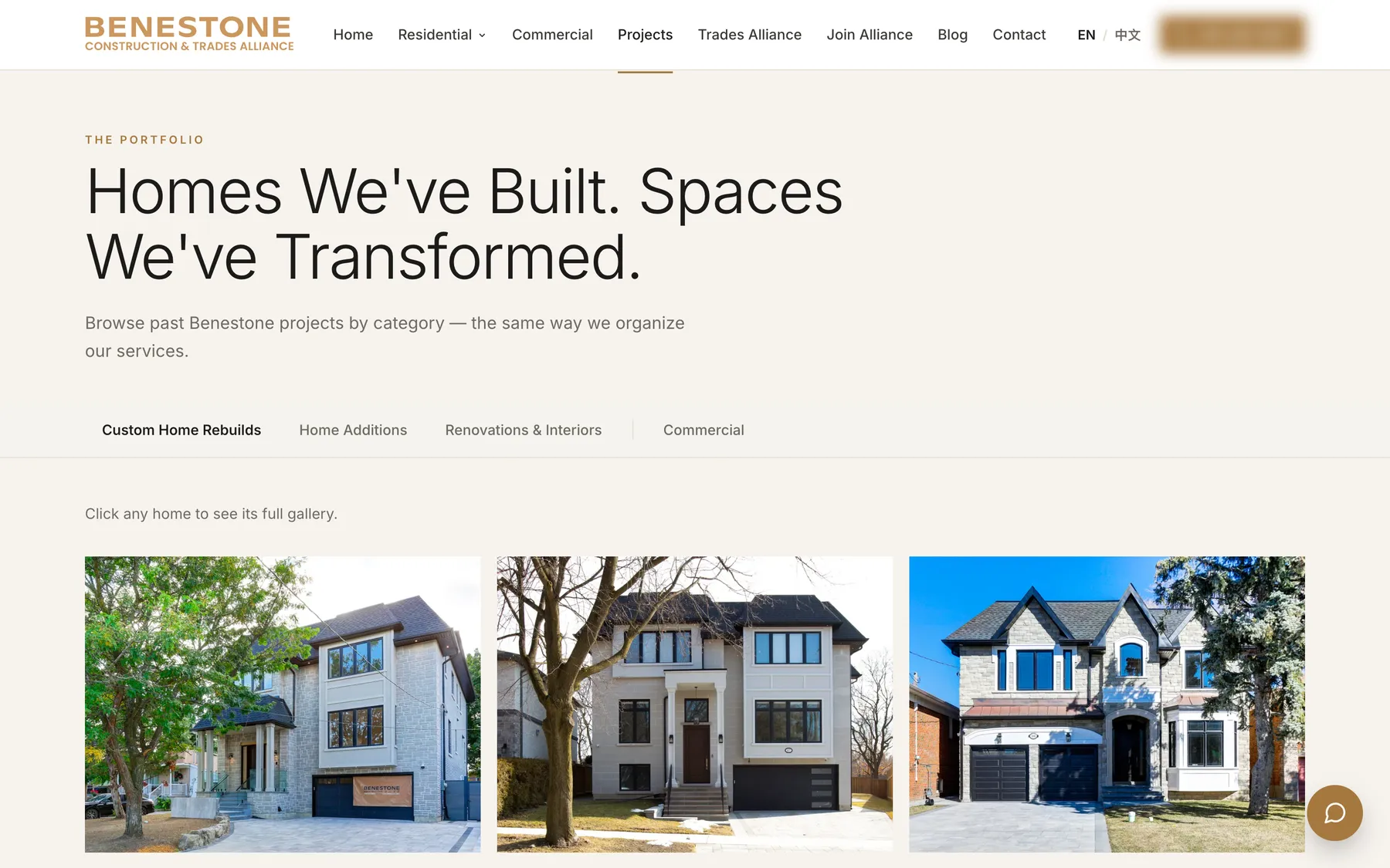 Projects page, filed as custom rebuilds, additions, renovations and interiors, and commercial