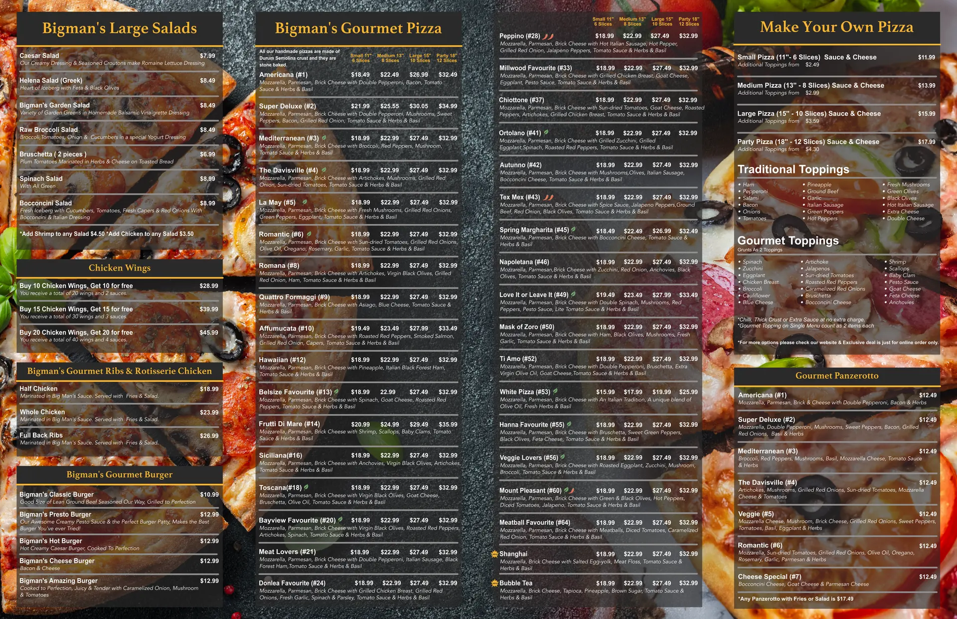 Inside of the Bigman’s takeaway menu: salads, wings, burgers, thirty-five gourmet pizzas, build-your-own pizza and panzerotti