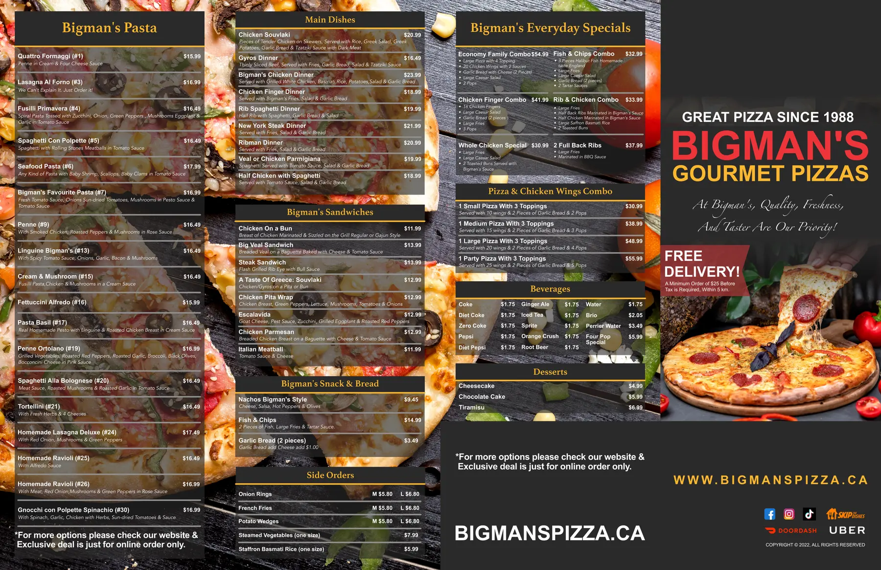 Outside of the Bigman’s takeaway menu: pasta, mains, sandwiches, specials, drinks and the cover panel