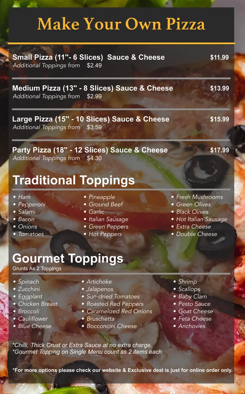 Menu detail: build-your-own pizza in four sizes, with traditional and gourmet toppings