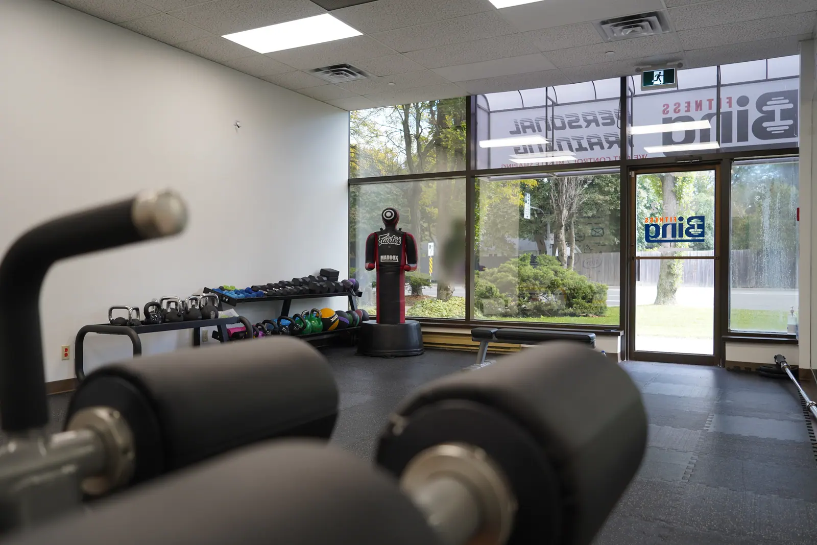 The front training room: kettlebell rack, a boxing dummy, the logo on the door and the window band