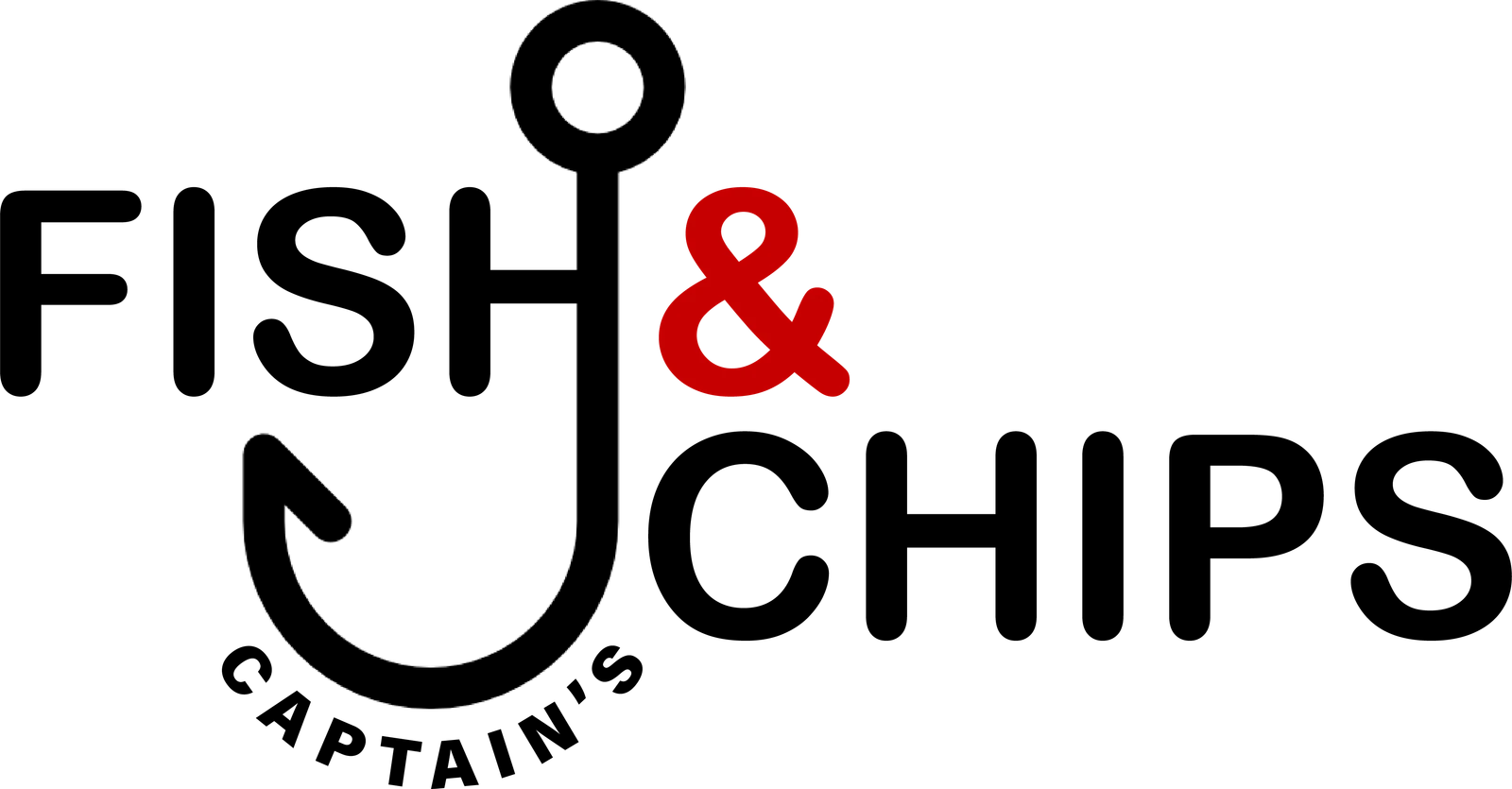 The Captain’s Fish & Chips logo: black letters, a red ampersand, the second stroke of the H turned into a fishing hook
