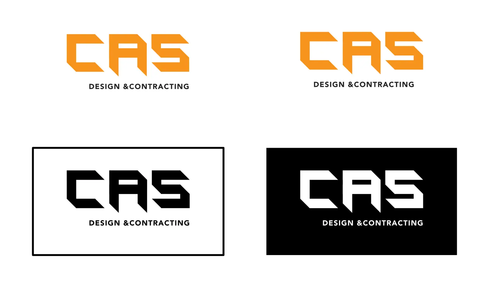 First direction: heavy clipped-corner letters in orange and charcoal over “Design & Contracting”, in four versions