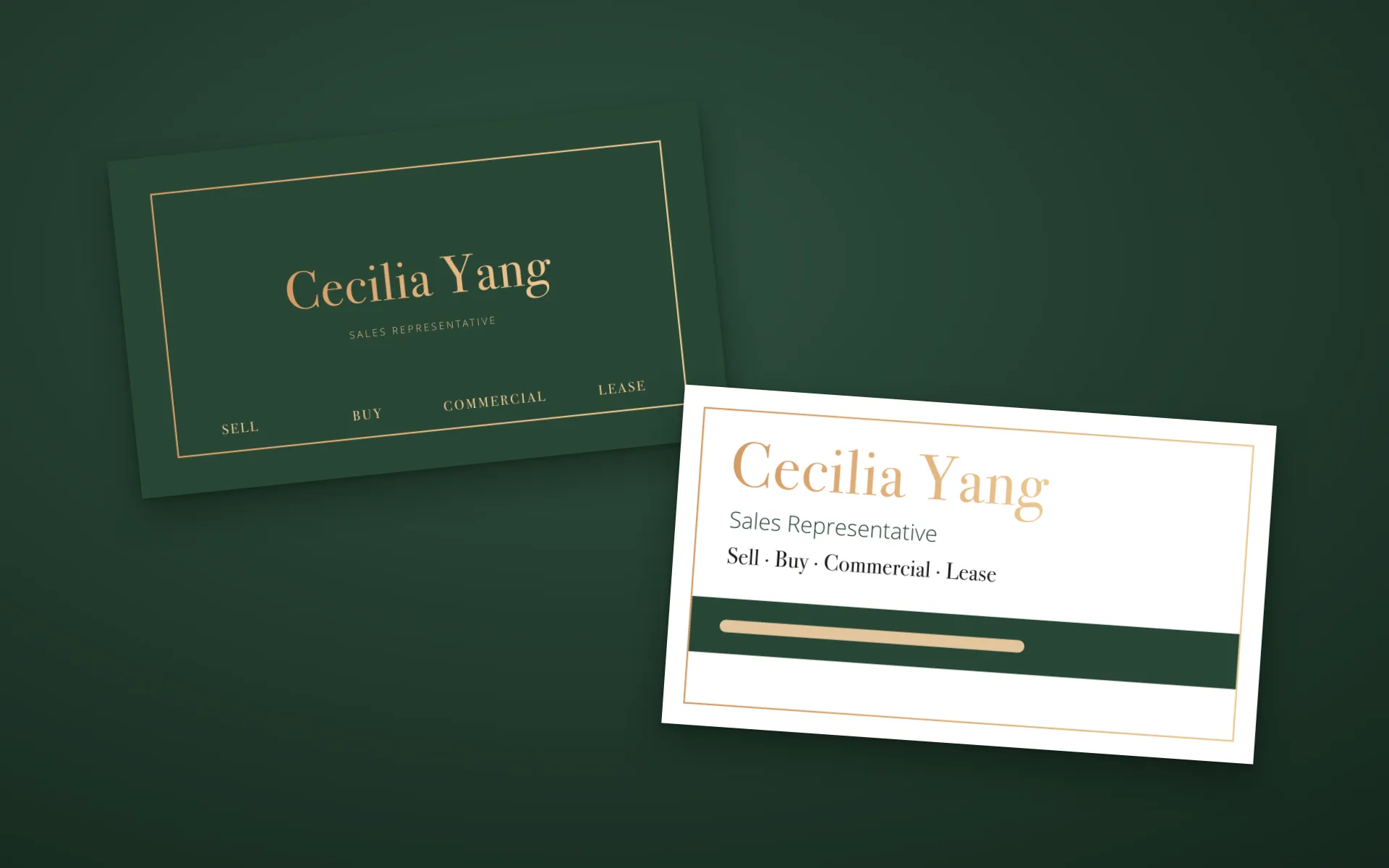 The card, back and front, on forest green