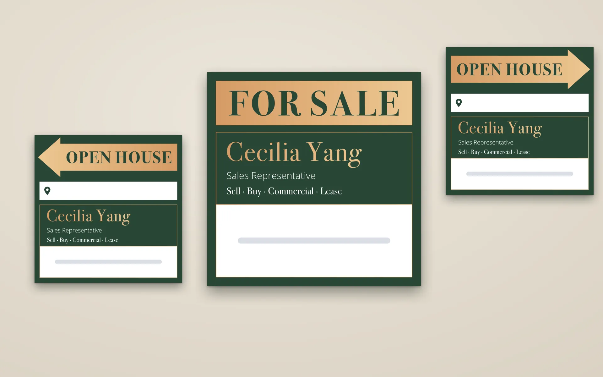 Cecilia Yang’s three signs — Open House pointing left, For Sale, Open House pointing right — in forest green and champagne gold