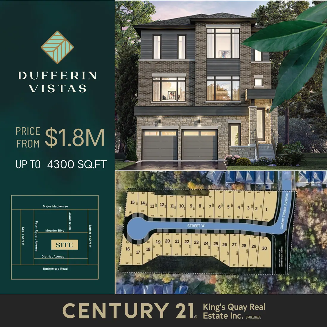 Dufferin Vistas 推广图，2021 年 5 月：楼盘标志、地块图、效果图与 Century 21 落款