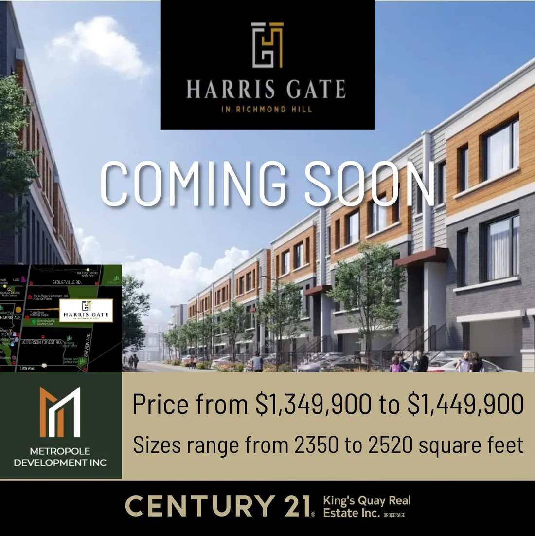 Harris Gate 推广图，2021 年 7 月：楼盘标志、Coming Soon、效果图、价格与 Century 21 落款