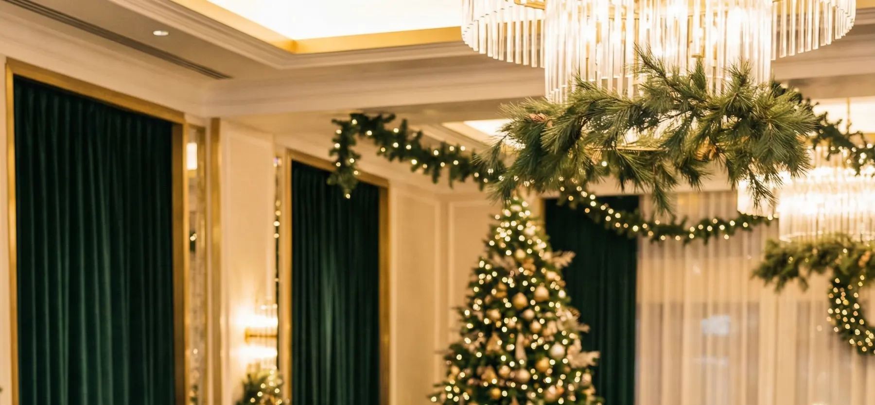 The room: green velvet drapes in gold frames, a pine garland under crystal chandeliers and a tree hung with gold baubles