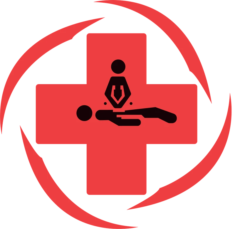 The symbol: a rescuer and patient inside a red cross, ringed by two arcs