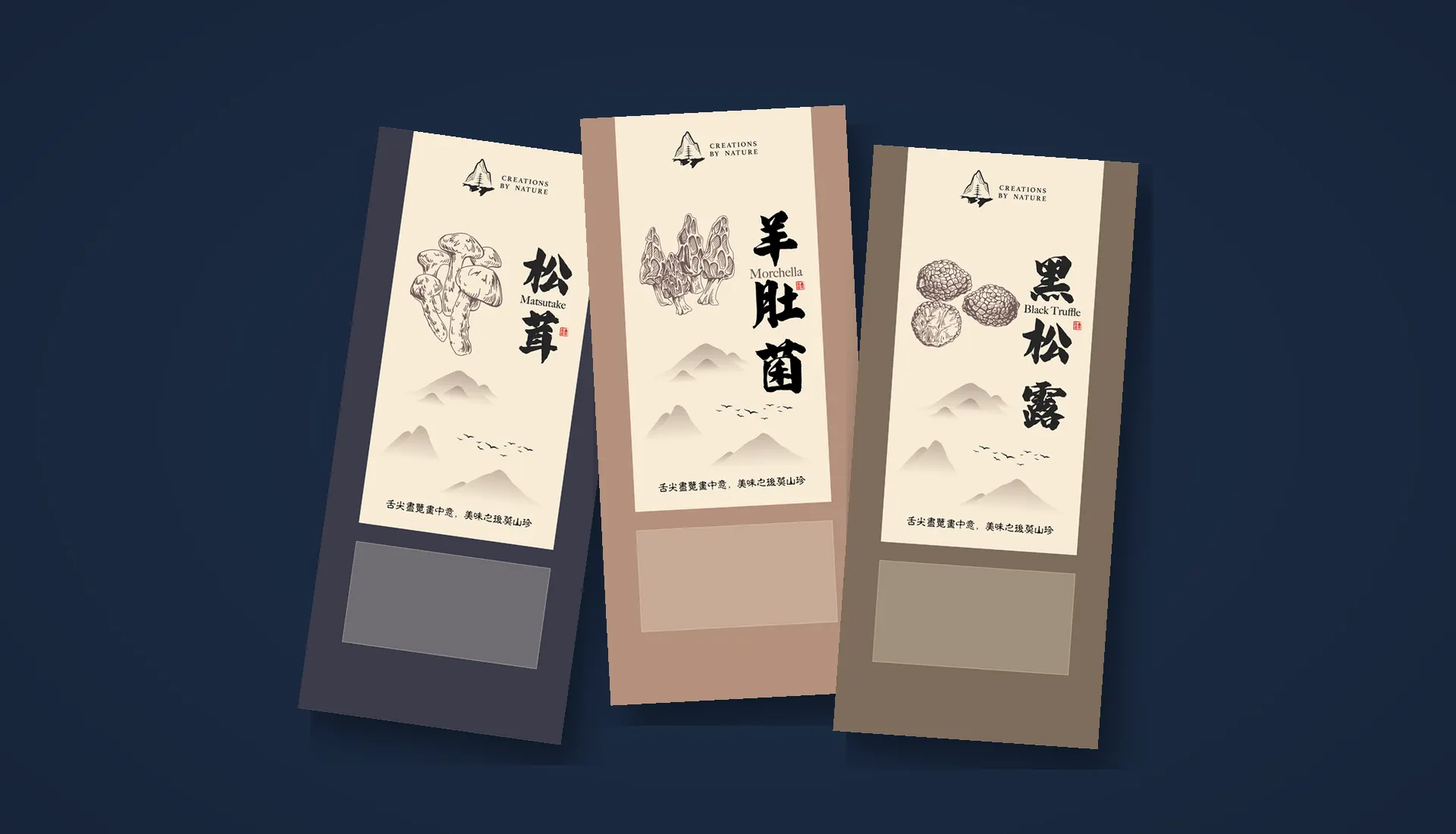 The three pouches laid flat on navy