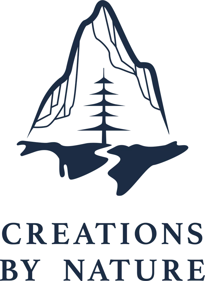 The final Creations By Nature mark: a mountain, a pine and a river over a serif wordmark, in navy