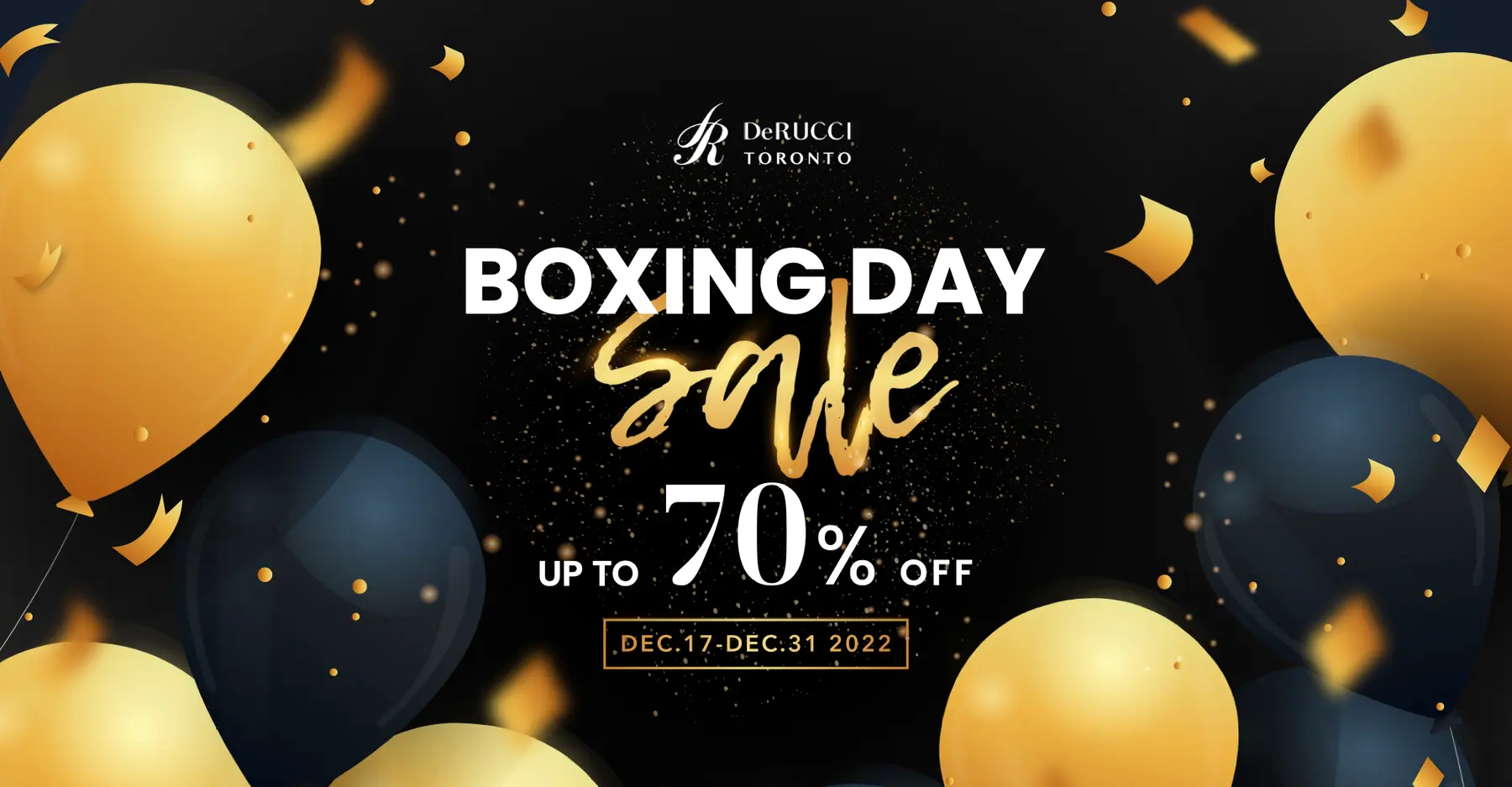Boxing Day web banner: black and gold balloons with “Boxing Day Sale”