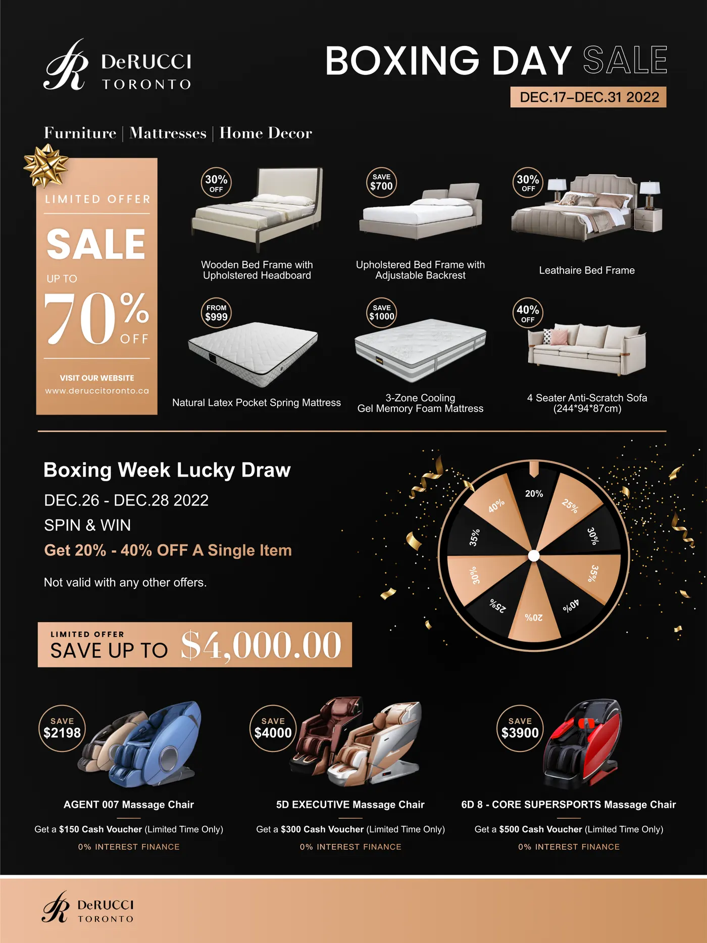 Boxing Day sale poster: six products, a lucky-draw wheel and three massage chairs in black and copper
