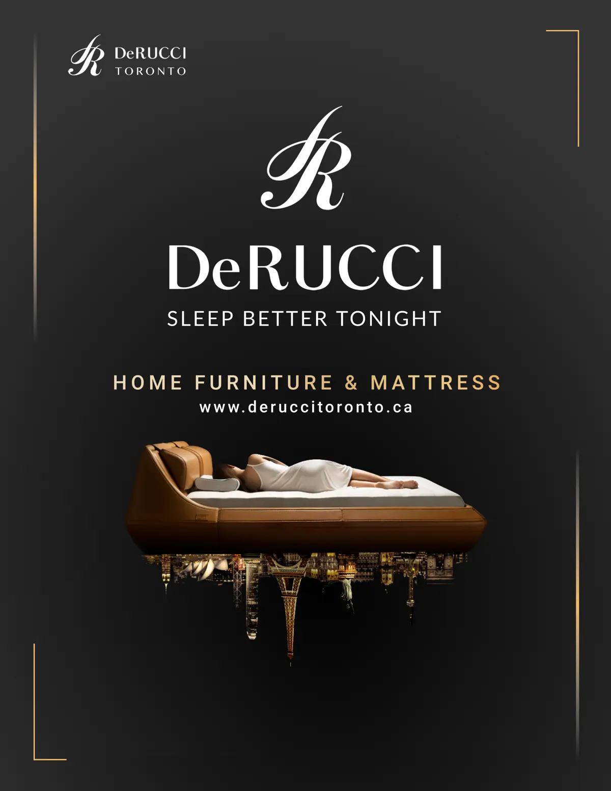 English brand poster: the R monogram, DeRUCCI and “Sleep Better Tonight”