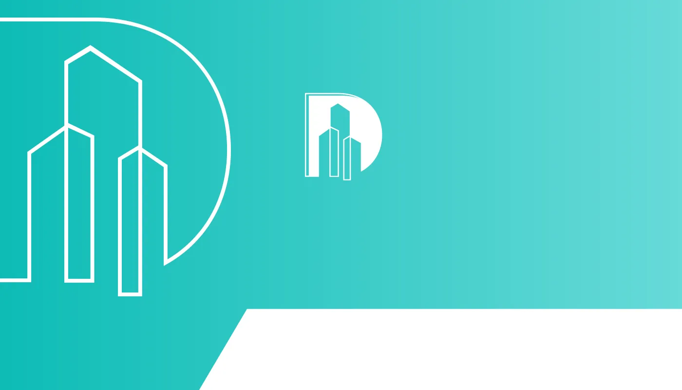 Business card back: the D drawn large in outline beside the small mark