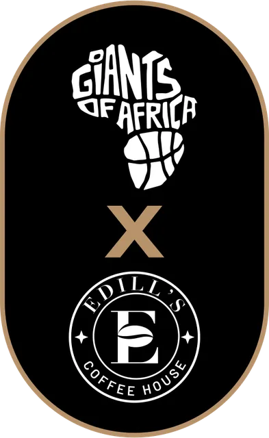 2024 联名标志：竖向胶囊形，Giants of Africa 标志、金色 ×、Edill’s 徽章
