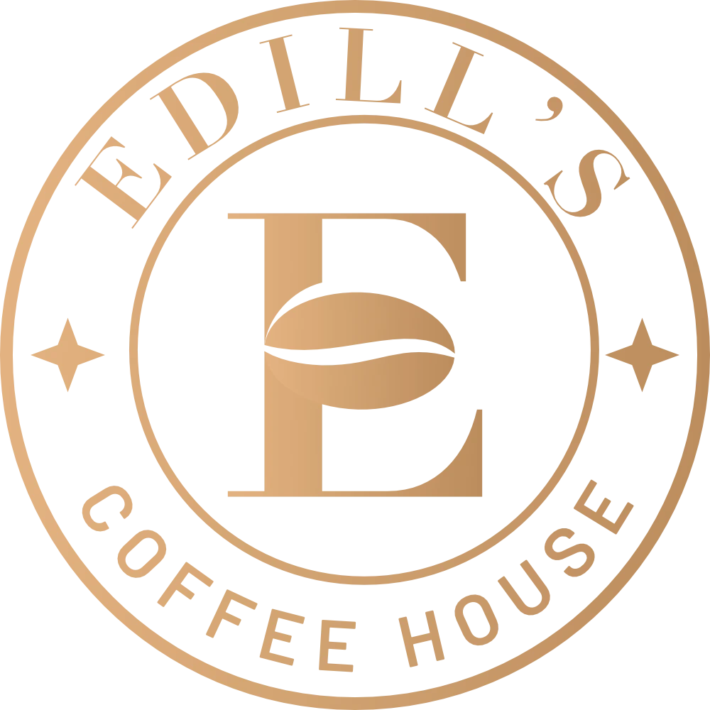 Edill’s 金色圆形徽章：字母 E 中嵌一颗咖啡豆，外圈写 EDILL’S 与 COFFEE HOUSE