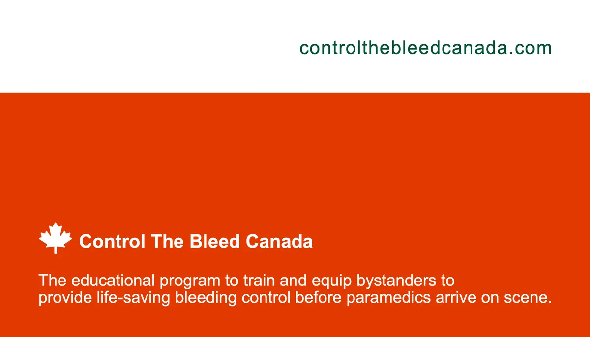Back of the card: controlthebleedcanada.com on a white strip, then an orange-red field with a maple leaf, “Control The Bleed Canada” and a line about the program
