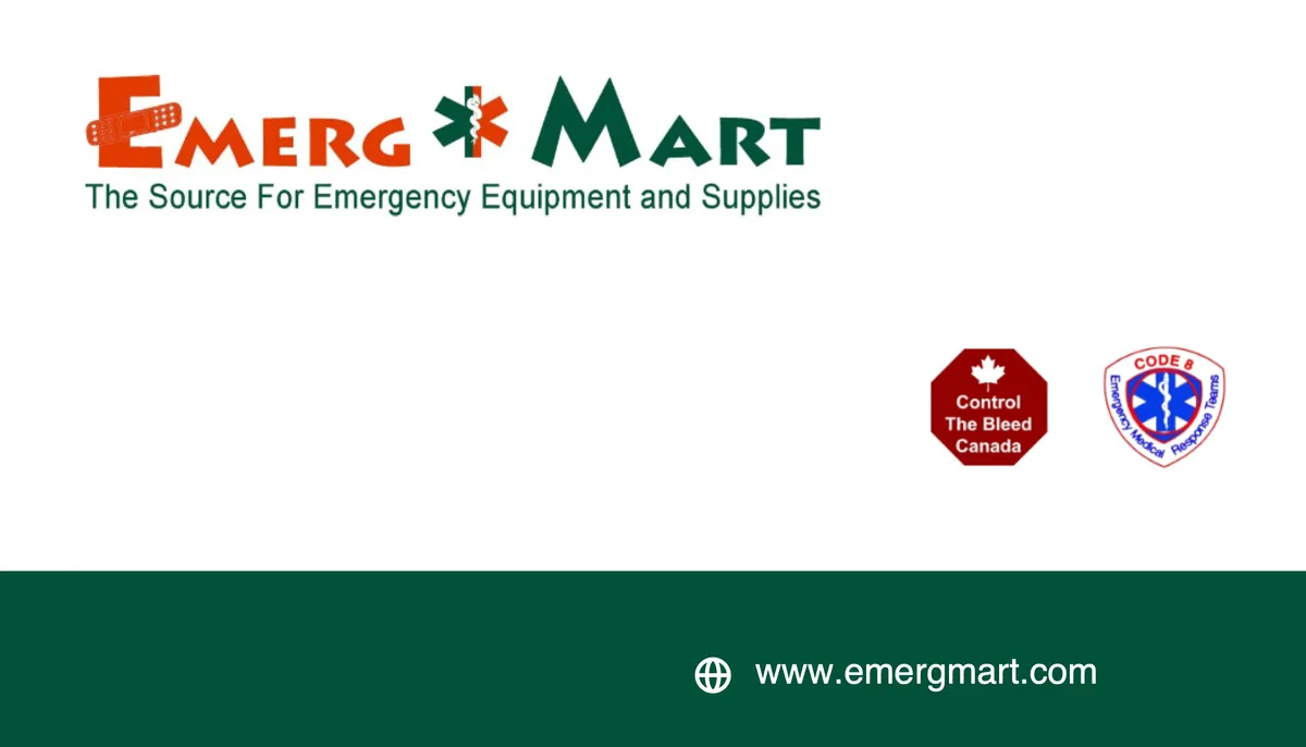 Front of the EmergMart card: the logo top left, the Control The Bleed Canada and Code 8 badges at right, and the web address on a green band