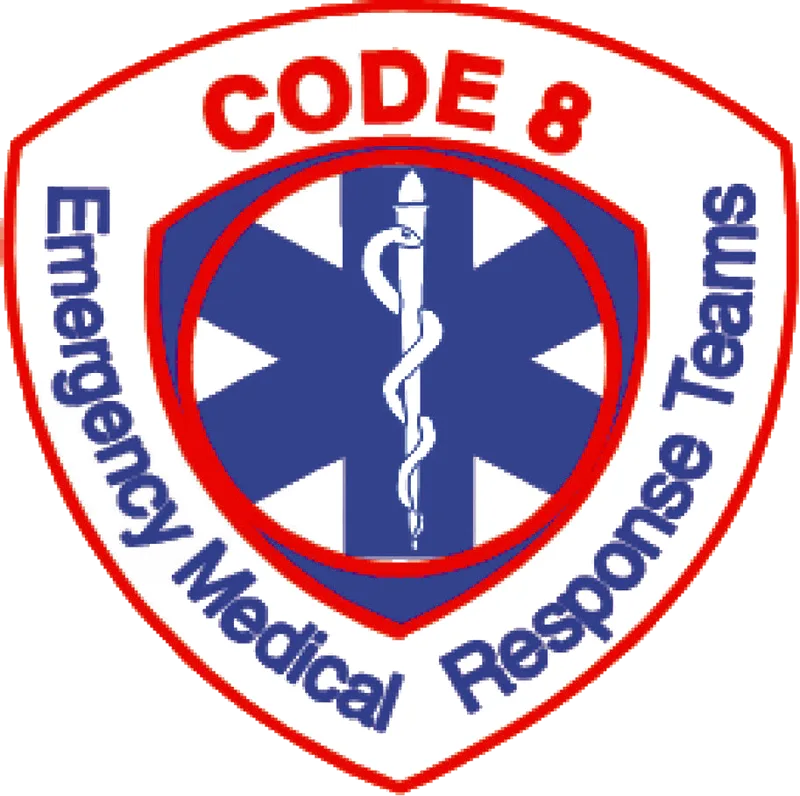 The Code 8 badge: a red-edged shield around a blue Star of Life and rod, ringed by “Emergency Medical Response Teams”
