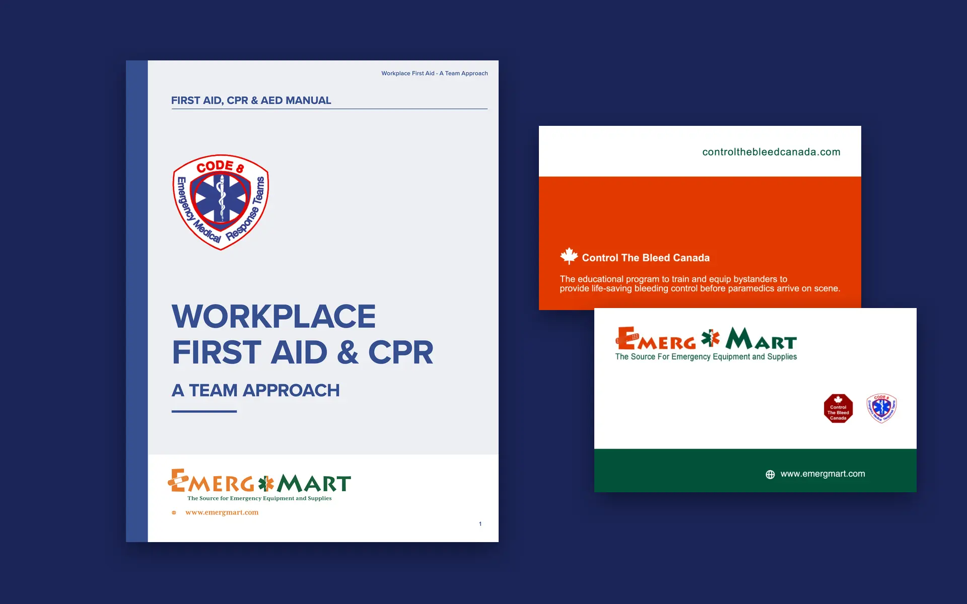 The Code 8 / EmergMart manual cover with both sides of the EmergMart business card, on deep blue