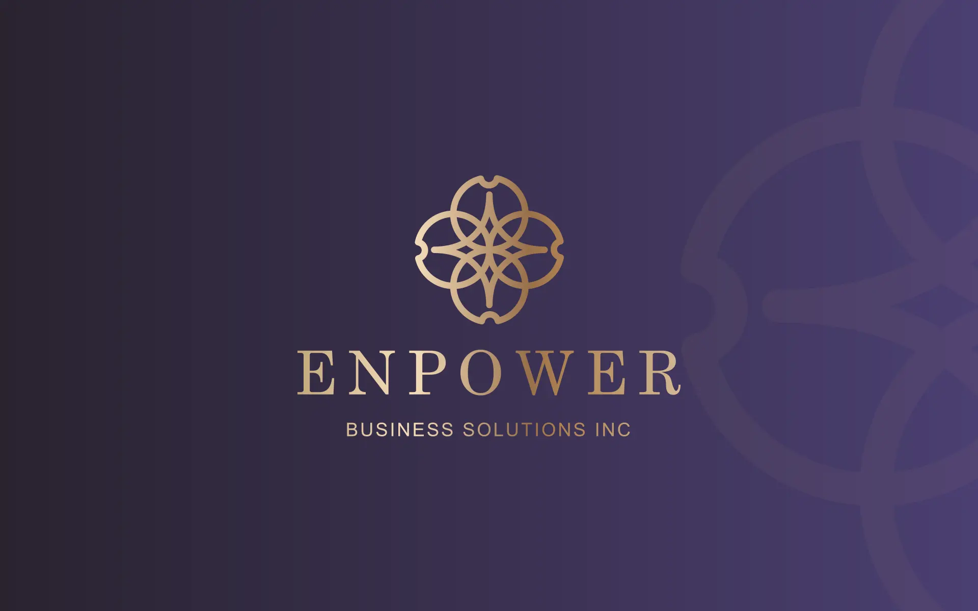 EnPower 竖排标识，玫瑰金渐变，放在深紫渐变底上，右侧一枚放大的淡色标志