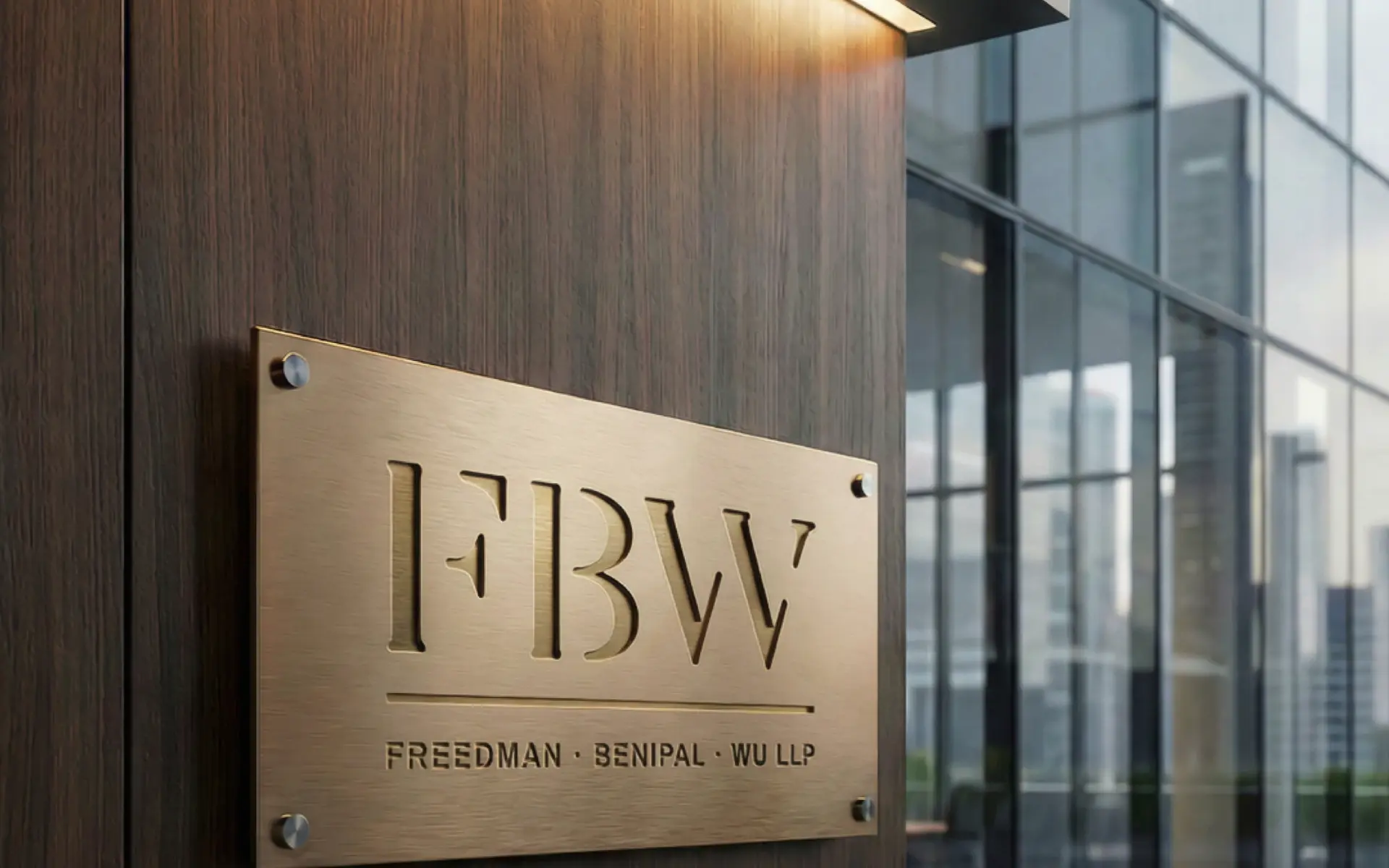 A brass plaque on a walnut wall, engraved with FBW and the partners’ names (AI-rendered visualisation)