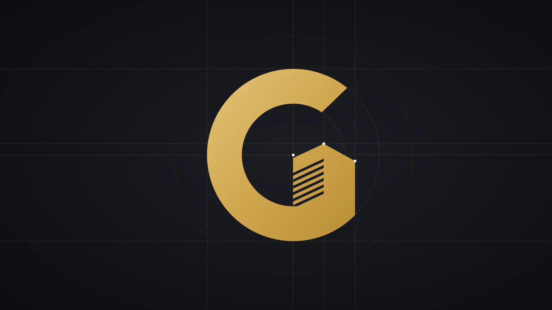 The gold G with its construction lines — two concentric circles, the axes, the tower in the opening — on near-black
