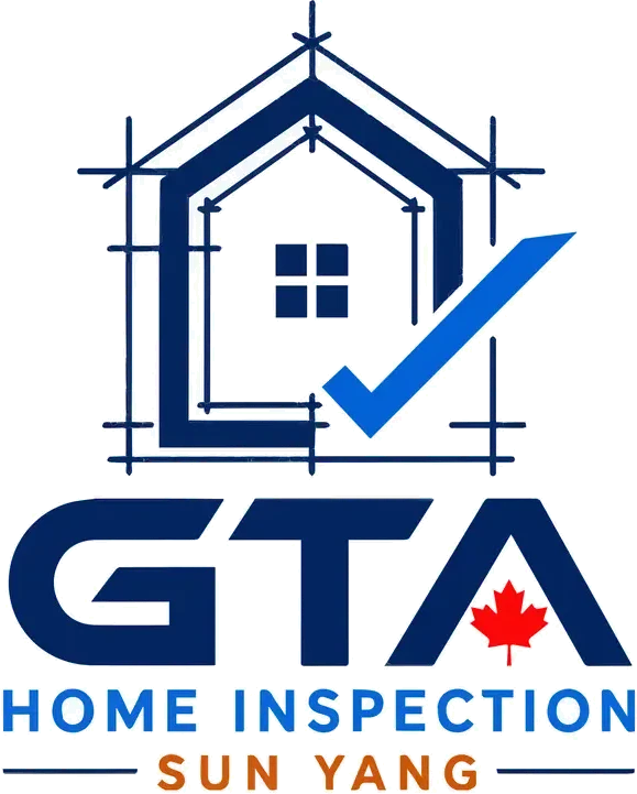 Vertical lockup: the blueprint house and checkmark above GTA, Home Inspection and Sun Yang