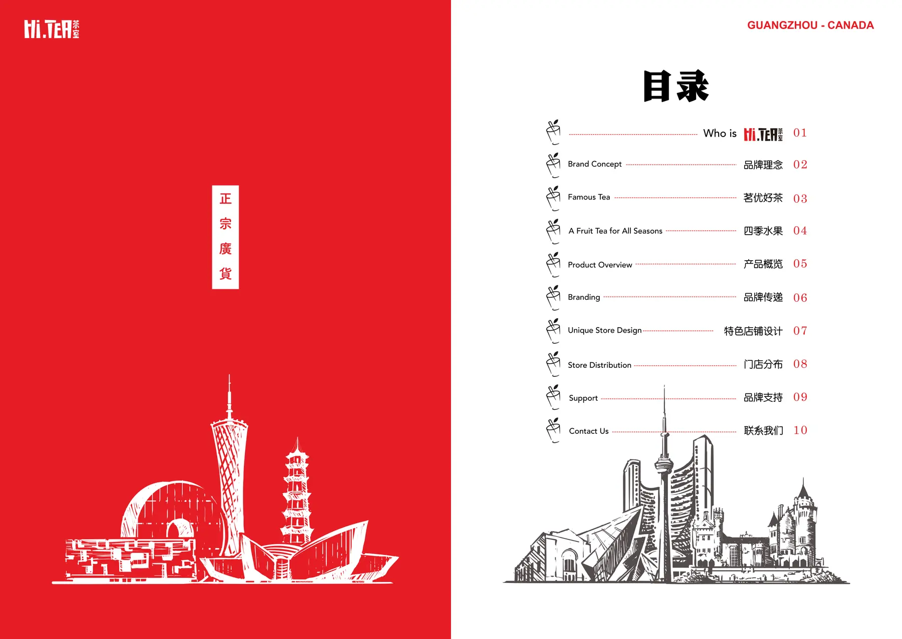 Contents spread: Guangzhou on red at left, the ten chapters at right