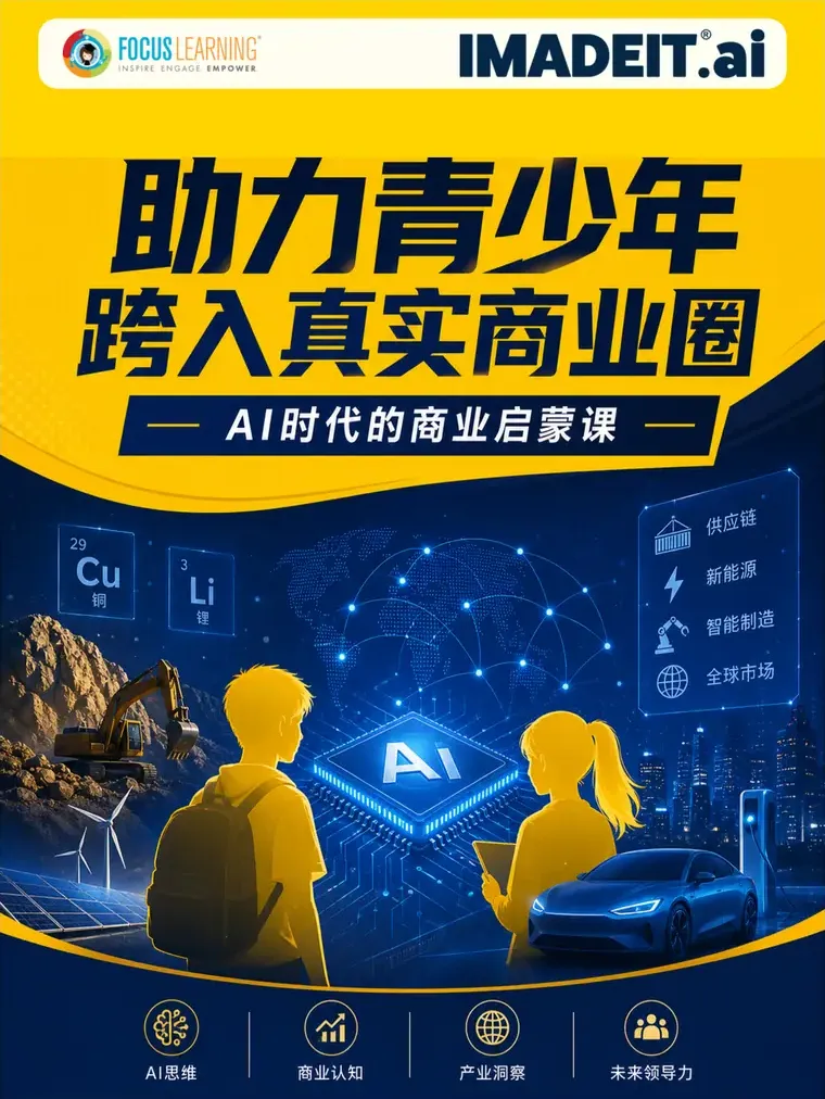 The video cover: both logos on yellow above the headline ‘helping teens step into real business’ and ‘a business primer for the AI era’, over a navy illustration of an AI chip, a mine, clean energy and a city with silhouetted students, four keywords at the foot (AI-generated illustration)