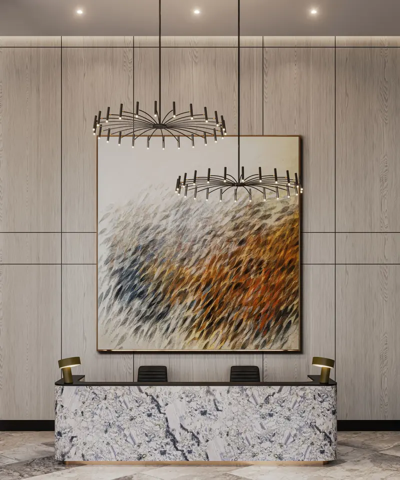 Lobby rendering: marble desk and abstract painting