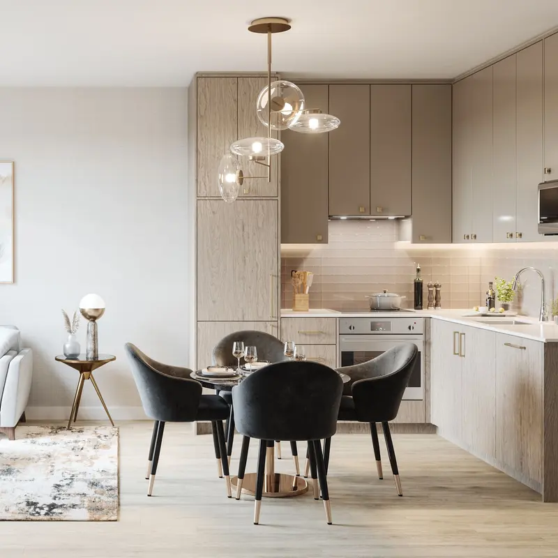 Suite rendering: open kitchen and dining table