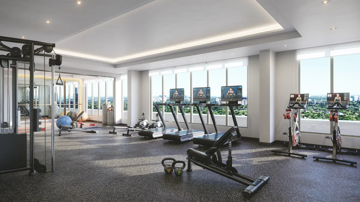 Fitness room rendering: treadmills and free weights