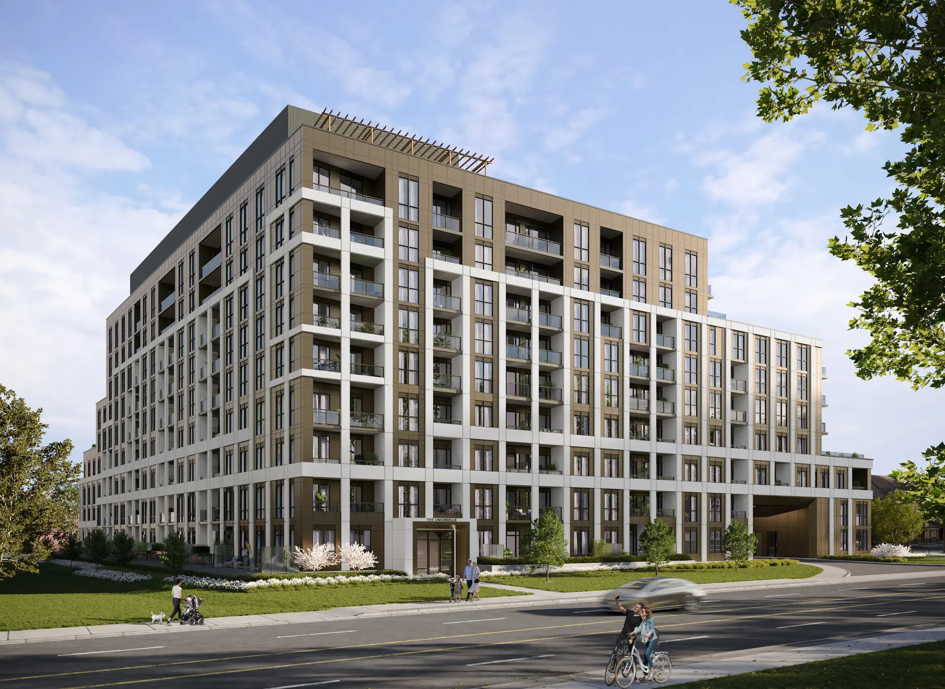 The Unionville, exterior rendering: the building seen from the street corner