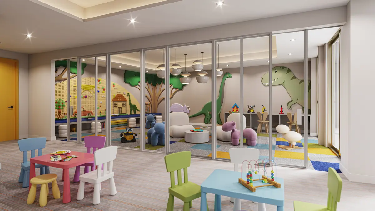 Kids’ club rendering: dinosaur mural and coloured furniture