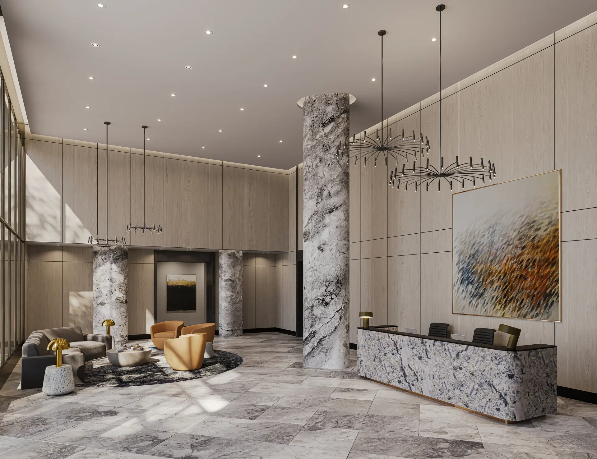 Grand lobby rendering: marble columns, chandeliers and the front desk