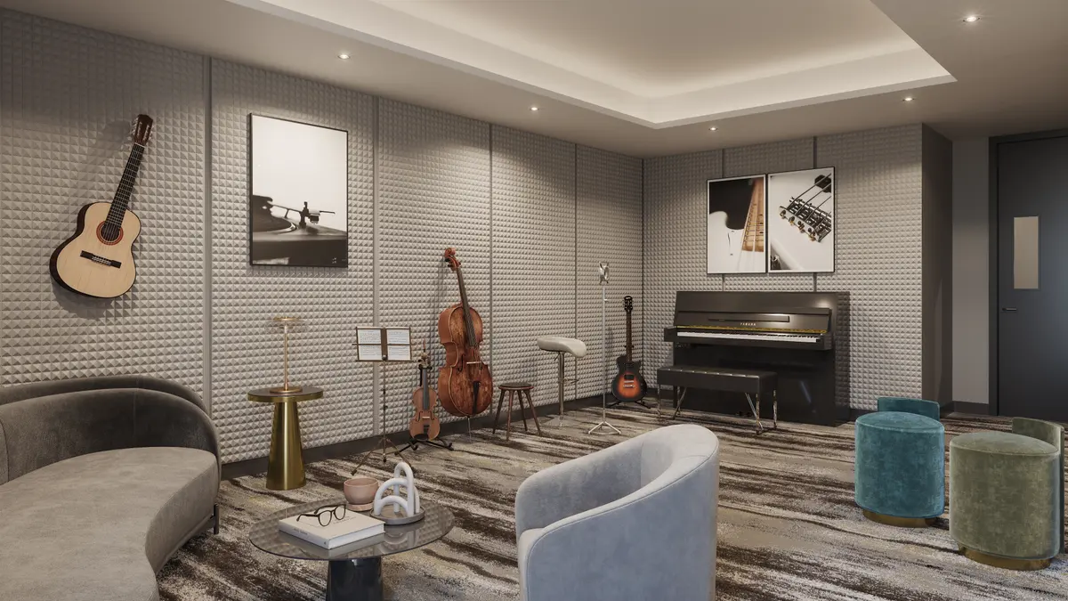 Music studio rendering: piano, cello and guitars